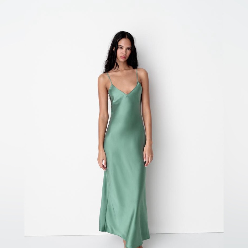 Zara Emerald Green Maxi Dress Satin Slip Wedding Evening Party - Picture 5 of 13